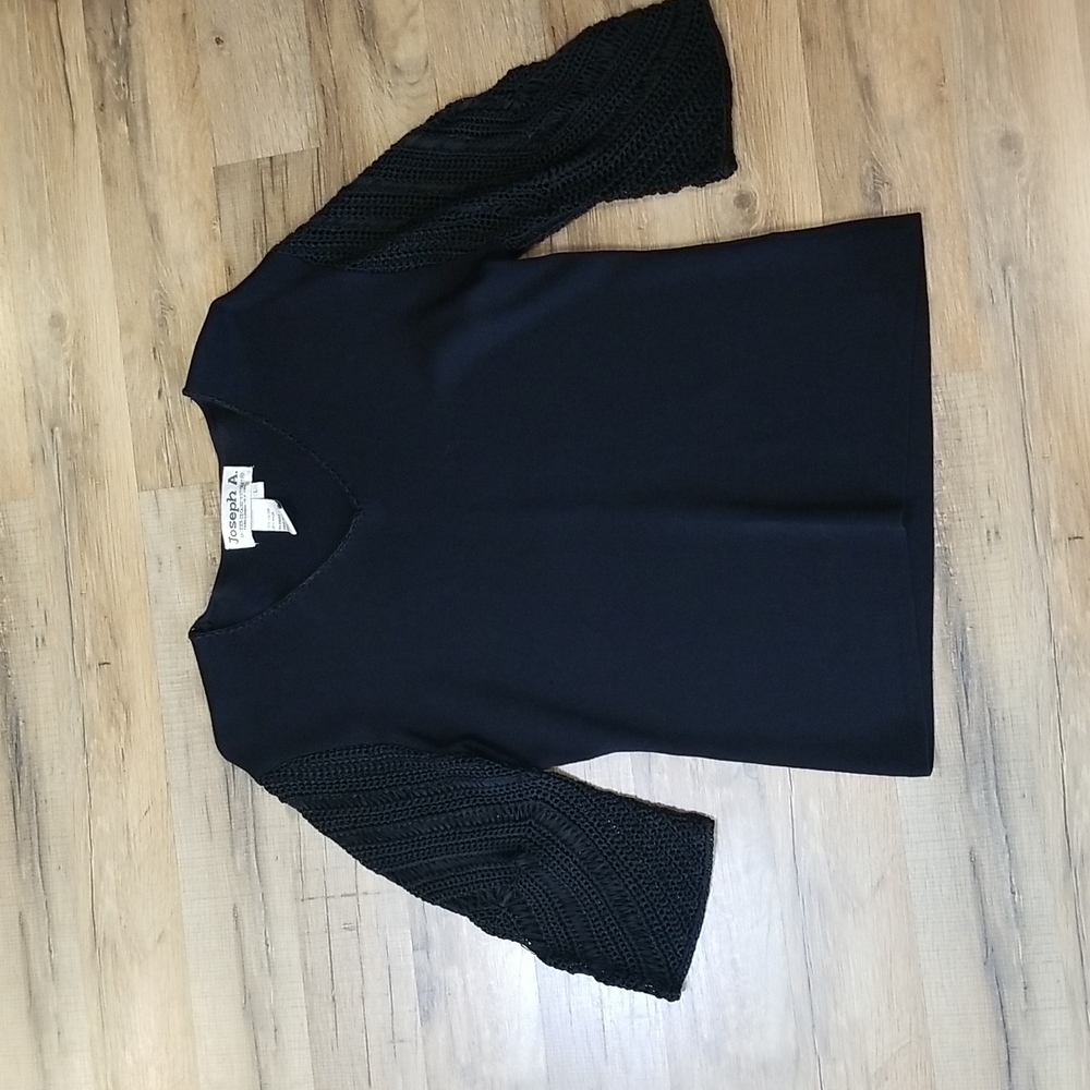 JOSEPH A. Black Viscose V-Neck Shirt Top with Crocheted Sleeves